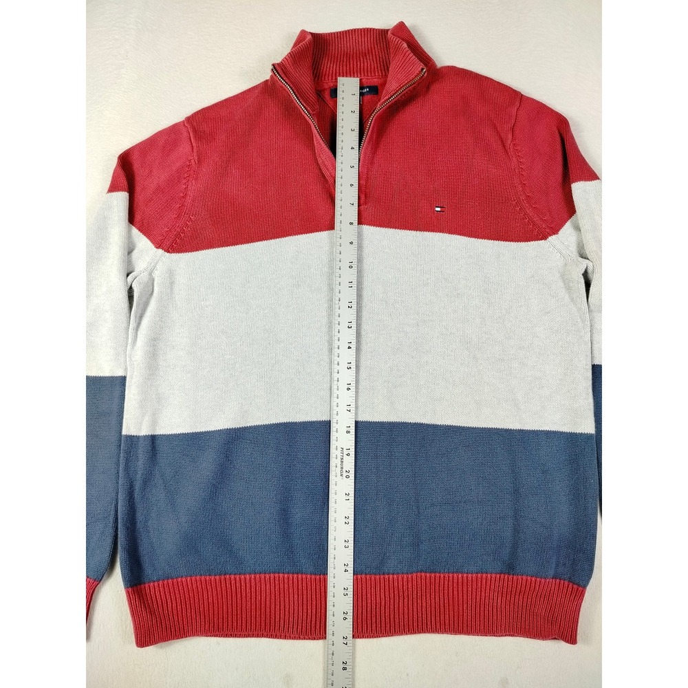 Tommy Hilfiger Sweater Men L/XL Red White Blue Colorblock Quarter‎ Zip Oversized - Picture 7 of 10